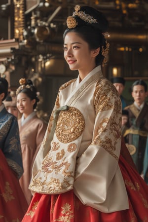 A beautiful woman, more stunning than a Korean supermodel, dressed in a traditional Korean hanbok adorned with intricate royal embroidery. She exudes dignified grace, followed by a group of attendants in elegant, patterned hanboks. Leading the procession, maids and concubines in traditional attire walk ahead. The woman, with a serene smile, glances at the audience, poised to meet the Joseon king. The scene is set against a backdrop of a steampunk engine, blending historical and futuristic elements. Masterful light and shadow create a perfect, detailed work.