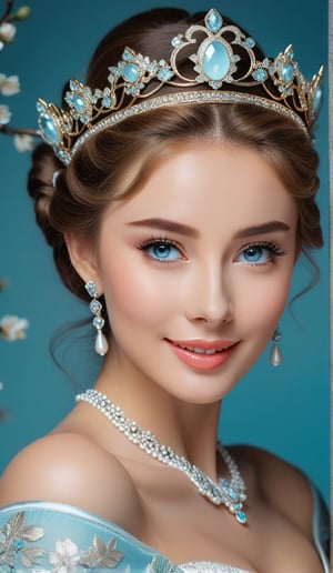 Close-up, young girl has beautiful eyes and long thick eyelashes, she looks like 20-year-old Audrey Hepburn, young girl has light blue eyes and long thick eyelashes, wearing a crown, full body shot, Wearing a gorgeous princess dress, she stood and danced elegantly. She danced to the music, immersed in the charming music, and smiled happily. There are also plum blossom braids all over the sky, which are extremely beautiful. High quality. Modifiers: Alphonse Mucha, boris valejo dedecent illustration, Anne Boonchuy, art_booster, BlackworkStyleManityro, WOWAI, Expressiveh, Apoloniasxmasbox