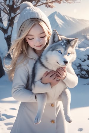 A little girl with blond hair and very fair skin. She is only 4 years old, but she grew up with a snow wolf with white fur and blue eyes. Snow Wolf loves this little girl very much. He can coax her to sleep. The little girl likes to use ballet dance movements to make Snow Wolf happy, because every time Snow Wolf sees her dancing ballet, it means that he is in a happy mood, and Snow Wolf will also be happy after seeing her. He will also carry her to the grassland. The little girl always smiles happily. The little girl is extremely beautiful, with bright blue eyes that are very lively and long and dense. In order to make herself more beautiful, she often rolls on the grass with Snow Wolf. Little girls wear all kinds of cute clothes. Outdoor, sunshine, mountains, trees, flowers, birds, butterflies. light and shadow
