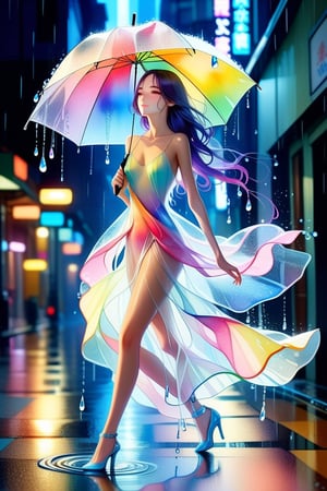 Watercolor style, delicate brushstrokes, a beauty with exquisite and perfect facial features wearing a white spaghetti-strap dress. She has a slender figure, holding a transparent umbrella, walking in the rain, the clothes are soaked by the rain, slightly translucent, making the body The curves are even more outstanding, with the beauty and helplessness of a wet woman. The light and shadow make the falling raindrops appear bright and colorful. The rain makes the woman's expression more smart, beautiful and vivid, and she smiles. More reasonable details, photography and watercolor fusion design.