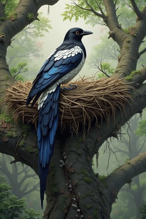 Solo, on an ancient large tree, there is a big nest with a bird resembling a crow. Upon closer inspection, it is a magpie with a white patch on its back, a blue feather near its tail, and white feathers on its chest. Its tail is slightly longer than a crow's. Beautiful, it is the magpie from ancient Han Chinese culture, still existing today. Despite its beauty, it can sometimes attack humans like a crow. Detailed, hyper-realistic, captured with modern photography techniques, a great photo.