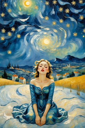 Beauty, sitting on the ground, watching the audience. She cried loudly because she was trapped in the painting. , a masterpiece, top quality, ultra-detailed wallpaper, Turner uses the high-quality, detailed cosmic colors of Vincent Van Gogh's "Starry Night" with the surreal celestial precision of Salvador Dali, embodying a hint of atmosphere that blurs the distance from reality. boundaries.  Fantasy with falling snowflakes from the sky, beautiful woman, crying, helpless, chibi emoticon style
