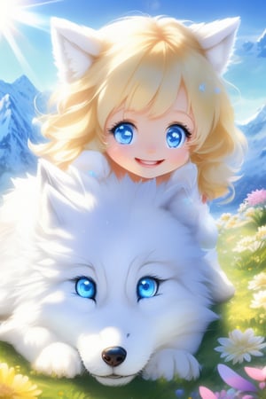 A little girl with blond hair and very fair skin. She is only 4 years old, but she grew up with a snow wolf with white fur and blue eyes. The snow wolf loves the little girl very much. He can put her to sleep and carry her on the grassland. The little girl always smiles happily. The little girl is extremely beautiful, with blue eyes, very lively, and long and thick eyelashes. To make her even more beautiful, she would often roll around on the grass with the snow wolf. The little girl wears all kinds of cute clothes. Outdoors, sunshine, mountains, trees, flowers, birds, butterflies. light and shadow. Anime style.