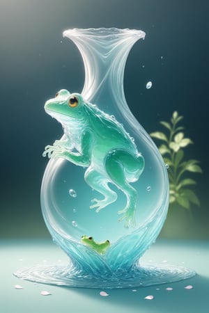 {Elegant crystal clear crystal glass frog with graceful curves, filled with marbled light green and white liquid (clear), forming a Cinderella shape. Frog and texture. Smooth object contours and undulating dynamic motion. Pastel petals float around the vase. }