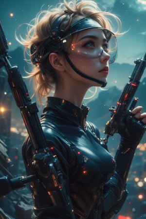 Female special agent, super cute, equipped with an artificial machine hang glider that can fly without charging. In the night sky, she flies on the machine hang glider, looking up at a mid-waist angle. Fully armed and wearing a transparent high-tech eye mask analyzer, she is both handsome and cute. This appearance is captured by advanced photography technology. Handsome, perfect, a masterpiece, super high quality, perfect display, official art.