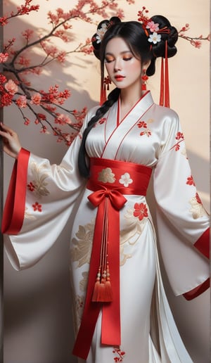 1girl,solo,long hair,black hair,hair accessories,long sleeves,dress,layer coverage,ribbon,jewelry,standing,full body,closed eyes,flower,earrings,wide sleeves,bun,red ribbon,outline,Hanfu, Single hair buns, tassels, Hanfu, high quality. Modifiers: Alphonse Mucha, boris valejo dedecent illustration, Anne Boonchuy, art_booster, BlackworkStyleManityro, Expressiveh, Apoloniasxmasbox