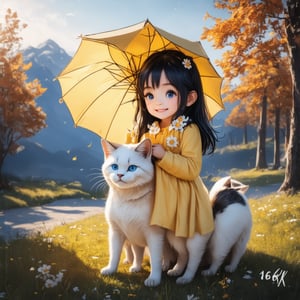 A photorealistic, ultra-realistic image of a black-haired, large-eyed little girl holding a yellow umbrella, standing next to a cat. The scene is set in an autumnal setting with a gentle breeze, featuring pop surrealism elements. The girl wears fashionable yellow clothes adorned with flowers, resembling a cute porcelain doll. The cat is equally detailed, with a fine, cute face. The composition is sharp-focused, capturing every detail with hyperrealism, trending on cgsociety. The style is raw, inspired by Lori Earley and Anton Semenov, rendered in 16k resolution with Unreal Engine for a stunning, lifelike effect.