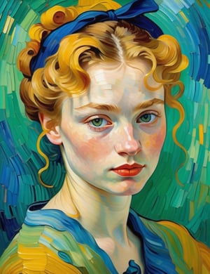 A close-up portrait of a 18-year-old Russian woman with fair skin and short, curly blonde hair, front view, in the style of Vincent van Gogh, using a vibrant color palette of rich blues, deep yellows, and bold greens with Van Gogh's signature swirling, textured brushstrokes. Artists: Vincent van Gogh, Henri de Toulouse-Lautrec, Paul Gauguin.