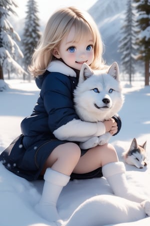 A little girl with blond hair and very fair skin. She is only 4 years old, but she grew up with a snow wolf with white fur and blue eyes. The snow wolf loves the little girl very much. He can put her to sleep and carry her on the grassland. The little girl always smiles happily. The little girl is extremely beautiful, with blue eyes, very lively, and long and thick eyelashes. To make her even more beautiful, she would often roll around on the grass with the snow wolf. The little girl wears all kinds of cute clothes. Outdoors, sunshine, mountains, trees, flowers, birds, butterflies. light and shadow. 