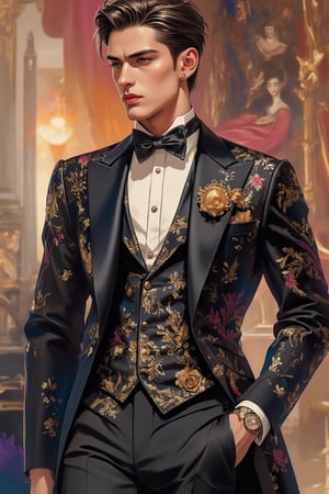 Emo handsome European guy with a tall, sexy, and well-proportioned figure, wearing fashionable clothes to attend a high-end cocktail party, exuding a luxurious and elegant aristocratic atmosphere, inspired by the most popular Paris and Italian fashions. Artwork meticulously and realistically depicted in watercolor and gouache, displaying lifelike quality and masterpiece status. 128K resolution captures colorful light wavelengths, mesmerizing reflections, and delicate gouache sketches of his entire body. Modern art style highlights beauty and sophistication.