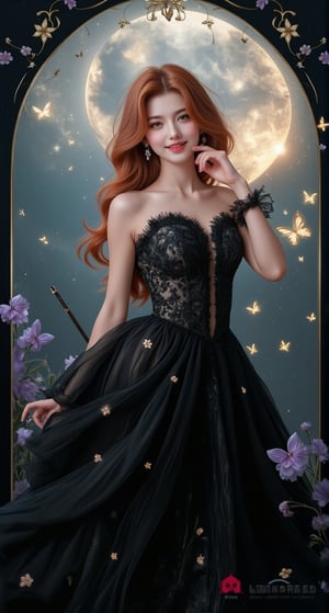 A beautiful and charming French witch girl with a charming smile, with long random red wavy hair, wearing a black lace layered dress made of soft velvet material. The dress is embroidered with star patterns and has an elegant texture. The background is simple with a double exposure of a moonlit scene within a star shape. She holds a magic wand in one hand and puts the other to her cheek and smiles. It uses multiple effects, random focus and depth of field, and is surrounded by glowing butterflies and small flowers. The slender frame decoration creates a bright atmosphere. ,Fantasy Girl,VNS_Add more details,colors,new rococo art.,Enhanced all