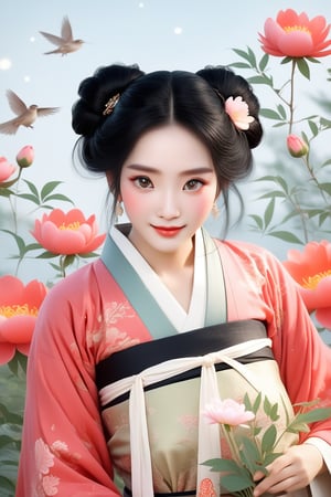 Close-up of a stunningly beautiful girl, Chinese Han Dynasty girl, with big eyes and long eyelashes that make her eyes more lively and beautiful, wearing Han Dynasty clothes and hairstyle, with stunning black hair and long She has thick eyelashes and holds a delicate bouquet of peonies on her fingers. When she looked directly at the audience, she smiled. Her whole body exuded an otherworldly light, and every contour and object on her body seemed to be illuminated by light and sparkle. In the peaceful atmosphere of a summer night, where trees stand tall, rivers flow quietly, and nocturnal creatures serenade them with their gentle chirps and croaks, our protagonist acts like a lovely beacon. In Vadimka's new style, every detail has been carefully crafted to create a realistic style that exudes elegance and wonder. (Masterpiece 1.2, 8K) Depth of field.,source_furry,score_5_up,score_6_up,score_7_up,score_8_up,score_9,han fu