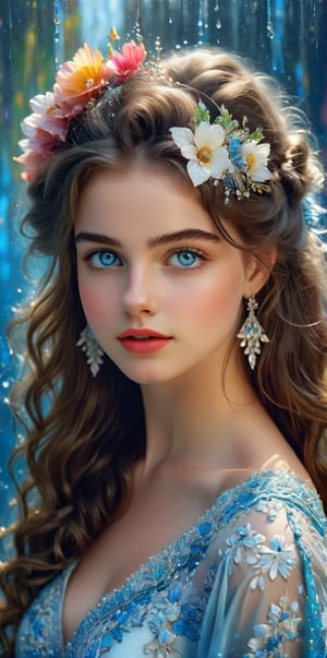 Masterpiece, HD, 8K, charming minimalist illustration of an 18-year-old girl. ((drawn from head to thigh)), low angle, delicate brushstrokes, long curly hair, high bangs, floral hair accessories, big and bright blue eyes, thin eyebrows, plump cheeks and lips, fair complexion, silk elegant. With a slender body, the painting emphasizes delicate colors. The girl shows off various poses of a professional model. The clothes she wears are beautiful and unique national costumes from various countries.
The background is water drops. The energetic, lively expression embodies the girl's magical presence. Feel. fractal art, glitter,BugCraft