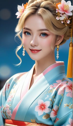 Close-up, young girl, light blue eyes, long thick eyelashes, she looks like 18-year-old 席琳狄翁, short blond hair, full body shot, wearing kimono, standing, hair accessories, Japanese style Women's shoes, she twisted and danced to the music, (((Super masterpiece, detailed details))),. Looks happy. There are also flower braids all over the sky, which are extremely beautiful. High quality. Modifiers: Alphonse Mucha, boris valejo dedecent illustration, Anne Boonchuy, art_booster, BlackworkStyleManityro, WOWAI, Expressiveh, wohle body, Apoloniasxmasbox