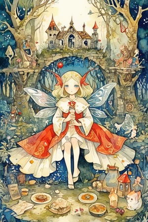 Illustrations of fairy tales from all over the world, myths from another world,
Pagan style graffiti art, general, forest ruins background, etyria,
1girl, the little match girl, many rich meals in one dialog box, masterpiece, best quality, very beautiful, absurd, super detailed, watercolor\(中\), Dreamyvibes Artstyle,