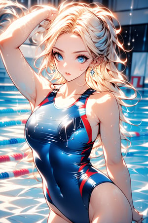 Masterpiece, dynamic swimming poses, best quality, super detailed, perfect anatomy, high detail, detailed background, beautiful face (big bright blue eyes with long eyelashes), girl, athletic body proportions 1:8, Very pretty face, super detailed face, oval face, determined expression, long silky blond wavy hair tied up and shiny, wet hair slicked back, blond hair, super detailed eyes, tarem, blue eyes, simple eyelids, beautiful eyebrows, (eyelashes: 0.4), parted lips, focused gaze, (((Olympic swimming pool))), lane lines visible, starting line background, intense action shot, mid-swim pose, arms Reach forward, competitive swimsuit, fashionable one-piece swimsuit, goggles on face, bright indoor lighting, water droplets on skin, dynamic angle, three-quarter view, perfect anatomy, 5 fingers, beautiful_female_fingers, streamlined hand position , motion blur, action lines, water splash, tanned skin, muscular shoulders and arms, score_9, score_8_up, score_7_up,