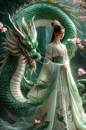 A serene scene where a woman, adorned in a traditional green and white dress, stands gracefully beside a majestic green dragon. The woman wears an ornate headpiece and holds a delicate object in her hand. The dragon, with its intricate scales and fierce yet calm expression, wraps around her, creating a protective and harmonious bond between them. The backdrop is dark, with subtle lighting highlighting the dragon and the woman, and there are floating pink flowers adding to the ethereal atmosphere.,xxmixgirl