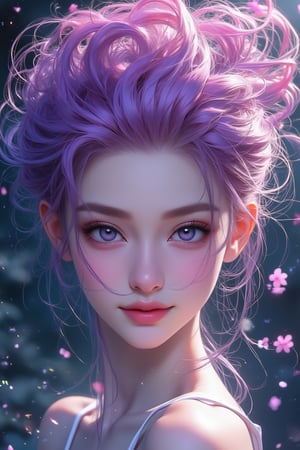 (Best Quality), (Realistic, Photorealistic: 1.2), (Masterpiece: 1.2), Anime Style, CG, Unity, 128K, Stunning, Fine Detail, Super Detailed, High Resolution, Surreal, ((Ultra Detailed)), ((highly detailed CG illustrations)), ((extremely delicate and beautiful)), (cute and beautiful delicate face, eyes, nose, and hands), movie lighting, movie composition, best shadows. A mesmerizing portrait of a vibrant rainbow-colored hair girl with piercing eyes, radiating confidence as she looks directly at the viewer from a swirl of inky stars. Warm smile. The air is filled with kinetic energy, passion itself has materialized, pouring out like a rain of ink. In the background, countless beautiful purple, pink, and light green flowers, suspended with delicate ink bubbles, lend an air of whimsy and showcase the artist's extraordinary skill and attention to detail.