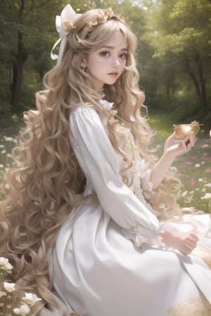 (Alice in Wonderland fantasy), Baroque, cute, colorful fantasy, outdoor (beautiful forest), (depth of field: 1.4), (alone), (1 girl), ((long wavy hair as golden as silk)), The facial features are in perfect proportion, ([messy] long hair), (bow headband), green eyes, bow, maid outfit (purple + white), white pantyhose, (drama angle: 1.2), looking at the audience, books, clock, Teapot, [plate], coffee cup, float, white rose (flower), (dessert: 1.4), flower meadow, (super detailed: 1.6), (insert: 1.3), AndreRin00, realistic and illustration art.