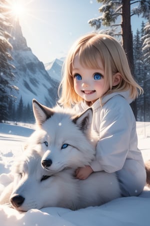 A little girl with blond hair and very fair skin. She is only 4 years old, but she grew up with a snow wolf with white fur and blue eyes. The snow wolf loves the little girl very much. He can put her to sleep and carry her on the grassland. The little girl always smiles happily. The little girl is extremely beautiful, with blue eyes, very lively, and long and thick eyelashes. To make her even more beautiful, she would often roll around on the grass with the snow wolf. The little girl wears all kinds of cute clothes. Outdoors, sunshine, mountains, trees, flowers, birds, butterflies. light and shadow. 