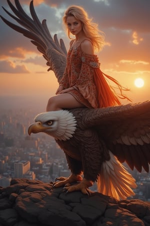 Masterpiece, 8K, HDR, best quality, highly detailed skin, photography, analog style, real life, extremely beautiful, highly detailed, intricate, ray traced, dramatic lighting, enchanting eyes. Illustration of a super beautiful stunning woman sitting on a huge eagle flying over the city at dawn, capturing the enchanting beauty and dramatic lighting of the scene.