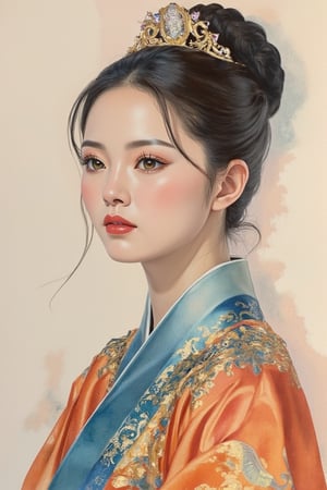 A beautiful European beauty, tall, sexy, and well-proportioned, wears ancient Korean-style clothes and has a hairstyle popular in the ancient Korean dynasty. She exudes a sense of fashionable aristocracy and customs, casual and elegant. The artwork is meticulously and realistically depicted in watercolor and gouache, displaying lifelike quality and masterpiece status. 128K resolution captures colorful light wavelengths, mesmerizing reflections, and the delicate gouache sketch in the center. Ancient art styles highlight beauty and sophistication.