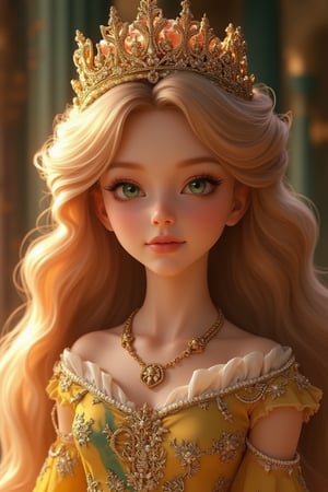 A royal banquet where the royal family invites famous nobles is also a celebration for a small company that has just come of age. The little princess is charming, beautiful, and kind, with long golden waves of silky fine hair that glows brightly. Her three-dimensional, perfectly proportioned facial features include green, smart eyes with long eyelashes, making her features even more delicate. She wears a luxurious, beautiful light green and light yellow princess dress with golden royal patterns, featuring many layers with waves. The beautiful colors include silver, pink, and blue skirts with golden royal patterns, crowns, necklaces, hands, and rings. Her hair ornaments and clothes are covered with jewels and stones, making her whole body sparkle. Despite being almost a jewel, the girl remains incredibly beautiful, a masterpiece of rococo art.