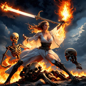 An oil painting in the style of Frank Frazetta, featuring a super sexy woman in a white transparent tunic, embodying the essence of a Vestal. She wields the Sword of Fire and Light, engaging in a fierce battle against a skeleton. The scene is illuminated by the fiery sword, casting a glow over the dark night. The stormy sky and fiery backdrop intensify the dramatic atmosphere, capturing the woman's intense and powerful presence as she confronts her skeletal foe.