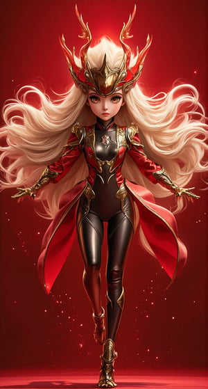 1girl, very beautiful charming girl, very evil girl, evil costume, full body, mecha girl, red gradient background, female mecha creature magic helmet, impressive woman, blond silky long wavy hair , Ji Qie, big golden eyes, long eyelashes, blond hair, long wavy hair, light particles in the air, water particles in the air, serious face, beautiful face, looking at the audience, dynamic pose (jumping) , masterpiece quality, stunning images. baroque art.