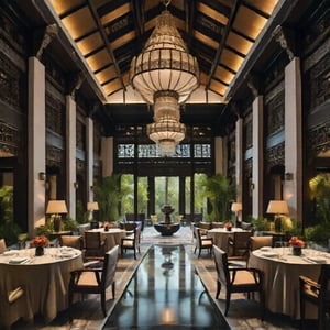 Create a gorgeous Indochina resort image showcasing stunning interior design. The scene captures a large open lobby with high ceilings decorated with intricate wood carvings and traditional silk fabrics. The lighting is luxurious, elegant and has the style of the Han Dynasty, highlighting the luxurious texture and bright colors of the decoration. The composition includes elegant furniture, lush tropical greenery and a majestic chandelier. More tables and seated dining customers increase the resort's popularity and make the atmosphere more harmonious. The overall atmosphere blends modern luxury with traditional Indo-Chinese charm, inviting viewers to experience the resort's charm. Atmosphere.