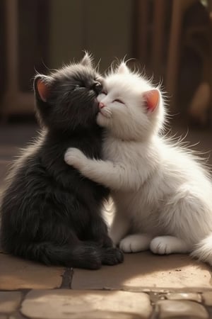 Funny animals, midway style, photorealism, cinematic style, high fidelity, realism, chiaroscuro, light play, light. A little black cat and a little white cat hug each other and play on the ground, showing super love. Q version, official art.