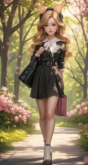 A very beautiful and charming Q-version female lawyer. She was wearing headphones and walking in the park in the maple forest. The birds were singing and the flowers were fragrant. It was so beautiful. She held a black briefcase in one hand. Holding a pink computer briefcase in one hand. Wearing a very decent black and white formal suit, the skirt reaches to the thigh, and white short boots. Beautiful long golden wavy hair, long silver earrings, and a pumpkin-shaped hairband. Background: park, light and shadow, animation Q version art. A work of beauty.