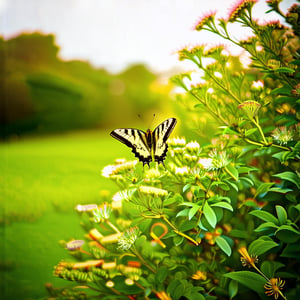 A serene garden scene with a butterfly delicately landing on a blooming shrub. The shrub is vibrant with colorful flowers, and the butterfly's wings are intricately patterned. The lighting is soft and natural, highlighting the textures and colors. The composition is balanced, with the butterfly in focus and the surrounding garden blurred slightly for depth.