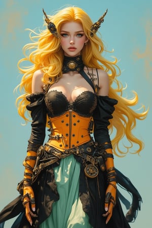 A beautiful acrylic model of a woman with long wavy yellow hair, dressed as a romantic queen of love, blending empress elegance with steampunk and cybernetic elements. She wears a striking black dress with an orange corset, a light green skirt, and steampunk accessories like gears, goggles, and metallic details. Cybernetic enhancements give her a futuristic edge. The background features a light blue gradient with light pink and light yellow complementary textures, creating a vibrant and dynamic atmosphere that highlights her domineering power.