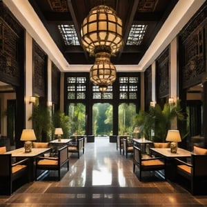 Create a gorgeous Indochina resort image showcasing stunning interior design. The scene captures a large open lobby with high ceilings decorated with intricate wood carvings and traditional silk fabrics. The lighting is luxurious, elegant and has the style of the Han Dynasty, highlighting the luxurious texture and bright colors of the decoration. The composition includes elegant furniture, lush tropical greenery and a majestic chandelier. More tables and seated dining customers increase the resort's popularity and make the atmosphere more harmonious. The overall atmosphere blends modern luxury with traditional Indo-Chinese charm, inviting viewers to experience the resort's charm. Atmosphere.