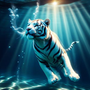 A charming small white tiger gracefully diving and swimming underwater, as if in its natural habitat. The water's ripples and splashes from the tiger's movements bring smiles to nearby swimmers. The tiger exudes confidence, captivating onlookers with its playful demeanor. The scene is illuminated by dynamic light and shadow interplay, with detailed water textures and splashes, creating a masterpiece of underwater wildlife interaction.