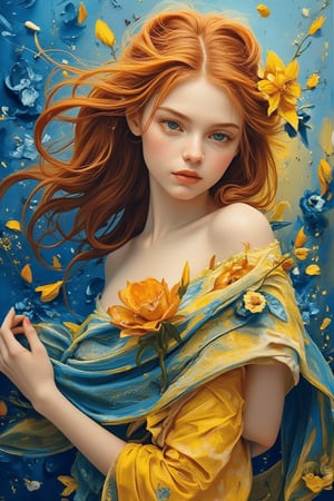 A vibrant oil canvas masterpiece unfolds, showcasing an ethereal beauty with flowing locks holding a flower to her chest. Soft hues of cerulean blue and buttery yellow swirl around her, as if the brushstrokes themselves were alive. The composition is a symphony of abstract shapes, echoing the works of Beksinski, Pacheco, Sutherland, and Adams. Van Gogh's expressive strokes infuse the piece with an otherworldly essence, as if the very fabric of reality was being manipulated on the canvas. The contrast between light and dark is deliberate, drawing the viewer's eye to the subject's enigmatic smile.