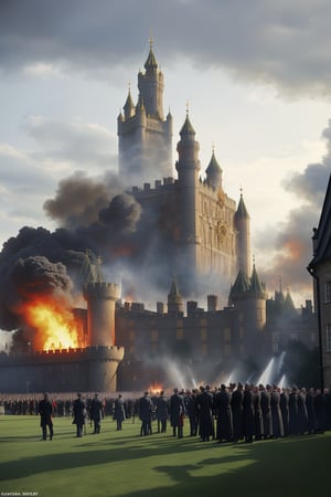 A masterful piece of official art, blending ink and oil painting techniques to create a cinematic quality scene. The setting is a grand castle reminiscent of Egeskov Castle, now under siege with a powerful explosion on its western side, spewing intense fire, smoke, and dark clouds. Castle security personnel are frantically attempting to extinguish the flames and calling for emergency fire trucks. The castle's owners, a distinguished British royal family, including a handsome, tall duke in a bespoke black suit, have evacuated to a safe distance on the lawn, contemplating the attack. The daytime event has drawn the attention of nearby residents, adding to the tension. The artwork captures the stark realism of the explosion, surpassing typical film effects, instilling fear of further danger. The composition features strong contrasts of light and shadow, enhancing the dramatic impact and sense of urgency. This piece stands as a testament to the artist's skill in conveying a high-stakes narrative through vivid, lifelike imagery.