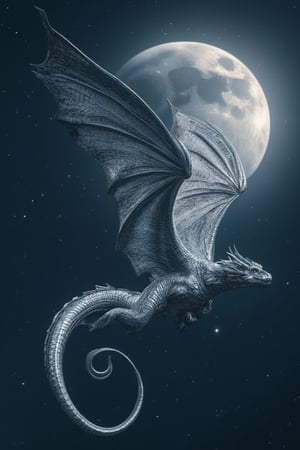 A silver-scaled dragon soars in the moonlight, its long and sinuous body and outstretched wings flying through the midnight stars. Moonlight highlights the intricate patterns on its scales, hinting at its ancient and dangerous nature. AMD Art, a masterpiece.