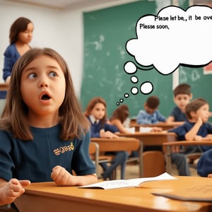 A stunning 8K HDR, 3D rendered scene capturing a girl in a classroom, her face showing surprise as she gazes at a comic-style thought bubble floating in the air above her, reading 拜託，快點下課 (Please, let it be over soon). The teacher is at the front, lecturing, while classmates are in the background. The girl's expression is one of astonishment, and a nearby classmate nudges her with an elbow, curious about her reaction. The scene is highly detailed, with realistic textures and lighting, capturing the moment with exceptional clarity and depth. The composition is dynamic, focusing on the girl's interaction with the thought bubble, creating a surreal and captivating classroom tableau.