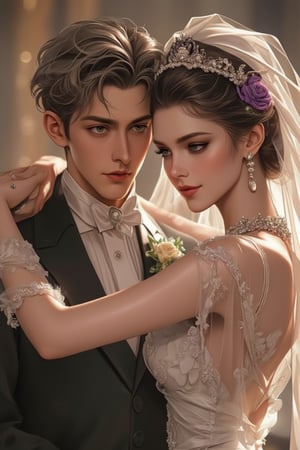 Neoclassical anime-style artwork depicting an emotional French aristocratic wedding scene. A boy and girl, looking at each other, dance the tango gracefully. The girl wears a bridal veil, a beautiful white one-piece wedding dress, exquisite makeup, jewelry, necklaces, earrings, and a bridal bouquet. She has purple-black silky curly hair, bright green eyes, long eyelashes, and a confident smile. The boy is wearing a tuxedo and bow tie, with silver-grey hair, bright blue eyes, and a nervous expression. The image focuses on their entire bodies, showing off the height difference, wavelengths of light, and the blurry tango hall background enhanced by 128k resolution and detailed imagery. Happy wedding.