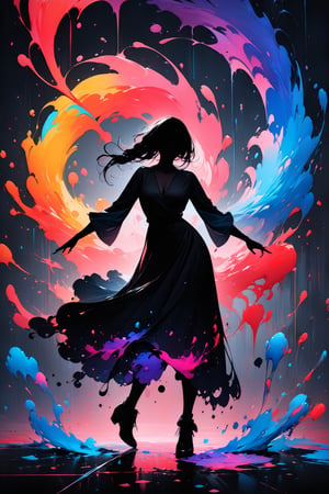 Silhouette of girl, ink strokes in background, looking at viewer, dancing pose, ink rain, stunning image, ink smoke, digital art, professional style, ((Masterpiece Quality: 2)), ink drops and ink droplets Drops also have colorful drop-like extensions for an attractive image.