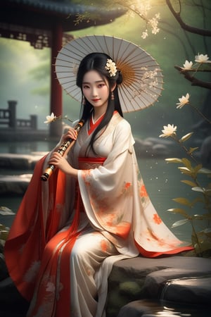 Close-up of a stunningly beautiful girl, Chinese Han Dynasty girl, with big eyes and long eyelashes that make her eyes more lively and beautiful, wearing Han Dynasty clothes and hairstyle, with stunning black hair and long Thick eyelashes, holding a delicate bouquet of jasmine flowers on her fingers. When she looked directly at the audience, she smiled. Her whole body exuded an otherworldly light, and every contour and object on her body seemed to be illuminated by light and sparkle. She couldn't help but play the musical instrument ((flute)) on the spot, which was very elegant and soft. After dancing, she took the paper umbrella and prepared to go back. In the quiet atmosphere of the summer night, the trees were tall, the river flowed quietly, and nocturnal creatures used it. Serenading them with gentle chirps and croaks, our protagonist is like a beacon of loveliness. In Vadimka's new style, every detail has been carefully crafted to create a realistic style that exudes elegance and wonder. (Masterpiece 1.2, 8K) Depth of field.,source_furry,score_5_up,score_6_up,score_7_up,score_8_up,score_9,han fu