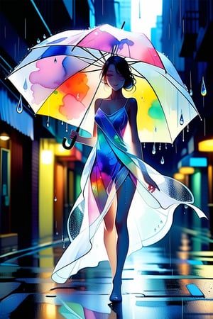 Watercolor style, delicate brushstrokes, a beauty with exquisite and perfect facial features wearing a white spaghetti-strap dress. She has a slender figure, holding a transparent umbrella, walking in the rain, the clothes are soaked by the rain, slightly translucent, making the body The curves are even more outstanding, with the beauty and helplessness of a wet woman. The light and shadow make the falling raindrops appear bright and colorful. The rain makes the woman's expression more smart, beautiful and vivid, and she smiles. More reasonable details, photography and watercolor fusion design.