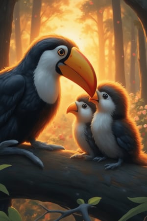 Frank Frazetta style, in a big forest with many large trees, a toucan feeding its two baby chicks with chewed fruits, illuminated by the sunrise's halo. The healthy, shiny-feathered mother bird shows great love, as the two little birds nuzzle and act coquettishly. Cherry blossoms fill the sky, creating a beautiful scene. Influenced by Alphonse Mucha, Boris Vallejo, Anne Boonchuy, art_booster, BlackworkStyleManityro, WOWAI, Expressiveh, Apoloniasxmasbox.