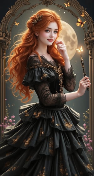 A beautiful and charming French witch girl with a charming smile, with long random red wavy hair, wearing a black lace layered dress made of soft velvet material. The dress is embroidered with star patterns and has an elegant texture. The background is simple with a double exposure of a moonlit scene within a star shape. She holds a magic wand in one hand and puts the other to her cheek and smiles. It uses multiple effects, random focus and depth of field, and is surrounded by glowing butterflies and small flowers. The slender frame decoration creates a bright atmosphere. ,Fantasy Girl,VNS_Add more details,colors,new rococo art.