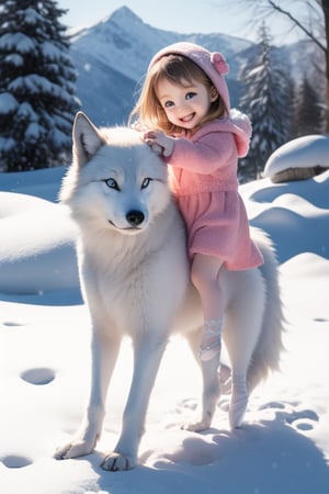 A little girl with blond hair and very fair skin. She is only 4 years old, but she grew up with a snow wolf with white fur and blue eyes. Snow Wolf loves this little girl very much. He can coax her to sleep. The little girl likes to use ballet dance movements to make Snow Wolf happy, because every time Snow Wolf sees her dancing ballet, it means that he is in a happy mood, and Snow Wolf will also be happy after seeing her. He will also carry her to the grassland. The little girl always smiles happily. The little girl is extremely beautiful, with bright blue eyes that are very lively and long and dense. In order to make herself more beautiful, she often rolls on the grass with Snow Wolf. Little girls wear all kinds of cute clothes. Outdoor, sunshine, mountains, trees, flowers, birds, butterflies. light and shadow
