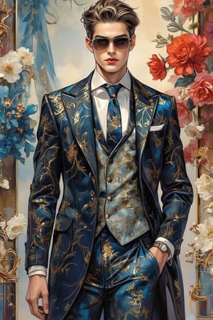 Emo handsome European guy with a tall, sexy, and well-proportioned figure, wearing fashionable clothes to attend a high-end cocktail party, exuding a luxurious and elegant aristocratic atmosphere, inspired by the most popular Paris and Italian fashions. Artwork meticulously and realistically depicted in watercolor and gouache, displaying lifelike quality and masterpiece status. 128K resolution captures colorful light wavelengths, mesmerizing reflections, and delicate gouache sketches of his entire body. Modern art style highlights beauty and sophistication.,Glass