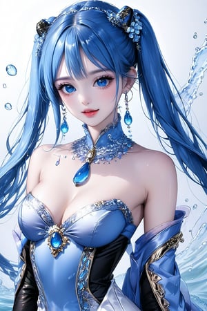 Beautiful girl. She is very badass, she wears a very luxurious outfit. detailed image, detailed skin, upper body, looking at viewer, hime cut. Blue hair, blue eyes. White background, water drop, ((masterpiece: 1.2)), light particles, ink droplets in background, Anime style.