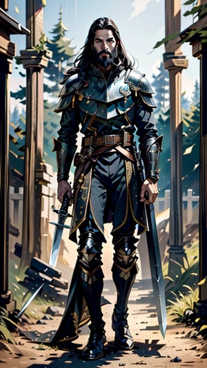 , super detailed
, the most superior quality
, the most extraordinary masterpiece
,illustration
,Man_Paladin
,clothing_full armor
, background forest
,kite shield
, black hair and beard
, detailed face
, detailed hands
, handsome three-dimensional facial features
,detailed_finger
, long sword
, holding a sword
, full body portrait
,whole body
,bdo_warrior
, black eyes glow